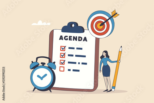 Meeting agenda, priority important task for discussion, objective or purpose to finish, planner or checklist for office work concept, smart business woman hold pencil write meeting agenda with clock.
