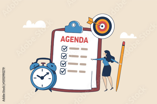 Meeting agenda, priority important task for discussion, objective or purpose to finish, planner or checklist for office work concept, smart business woman hold pencil write meeting agenda with clock.