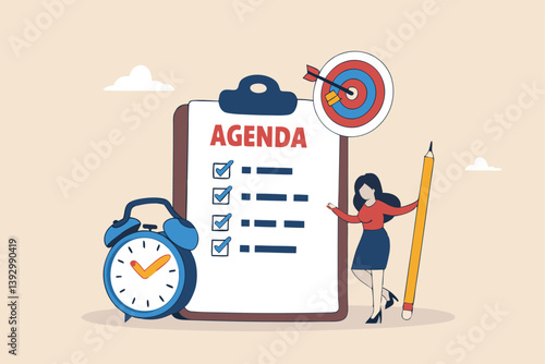 Meeting agenda, priority important task for discussion, objective or purpose to finish, planner or checklist for office work concept, smart business woman hold pencil write meeting agenda with clock.