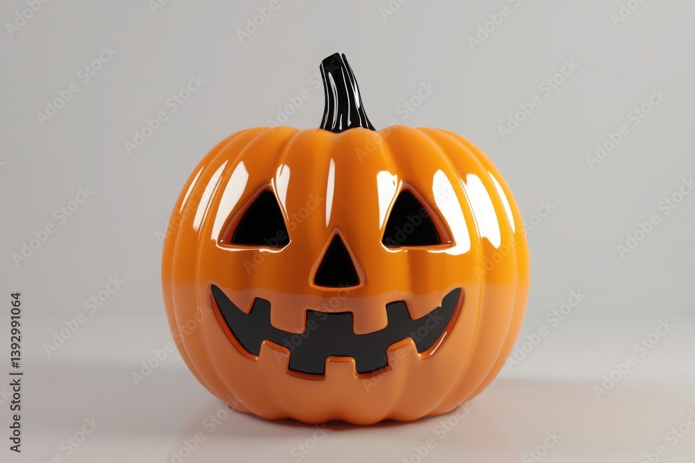 A glossy orange jack o lantern with a carved face and a black stem on a light gray surface A glossy orange jack o lantern with a carved face and a black stem on a light gray surface