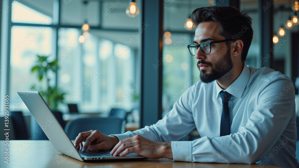 Professional Man Working on Laptop in Modern Office Professional Man Working on Laptop in Modern Office
