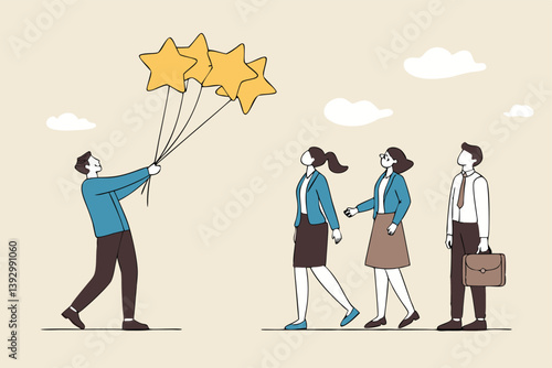 Evaluation, employee appraisal, rating or feedback, stars quality or excellent job, assessment or year end review, giving rating or performance review concept, businessman manager give 5 stars rating.