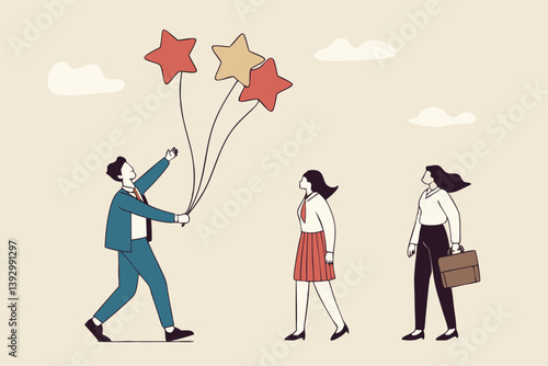 Evaluation, employee appraisal, rating or feedback, stars quality or excellent job, assessment or year end review, giving rating or performance review concept, businessman manager give 5 stars rating.