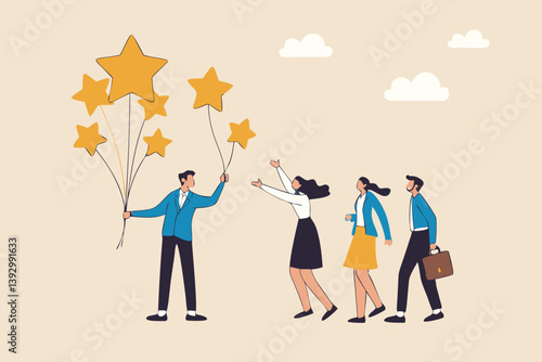 Evaluation, employee appraisal, rating or feedback, stars quality or excellent job, assessment or year end review, giving rating or performance review concept, businessman manager give 5 stars rating.