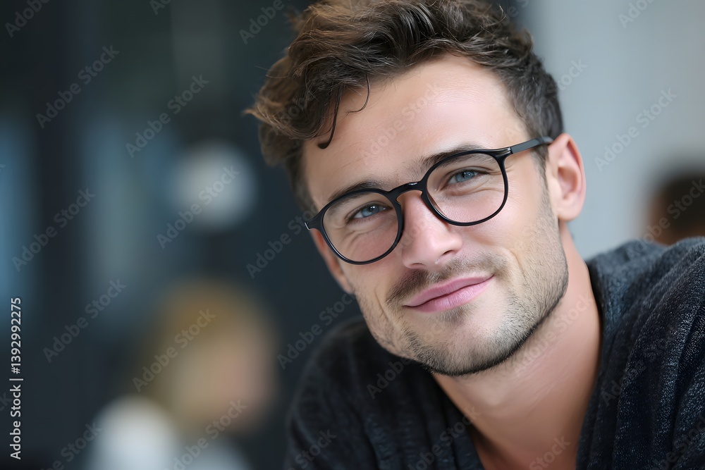 A handsome man is smiling, wearing eyeglasses, with a relaxed look and soft focus on the background. He is wearing glasses, and the eyeglasses frames are dark A handsome man is smiling, wearing eyeglasses, with a relaxed look and soft focus on the background. He is wearing glasses, and the eyeglasses frames are dark