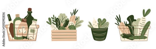 Shopping carts, basket and wooden crate filled with grocery products from a supermarket or farmer market, zero-waste packaging for eco-friendly design. Vector illustration in organic flat style.