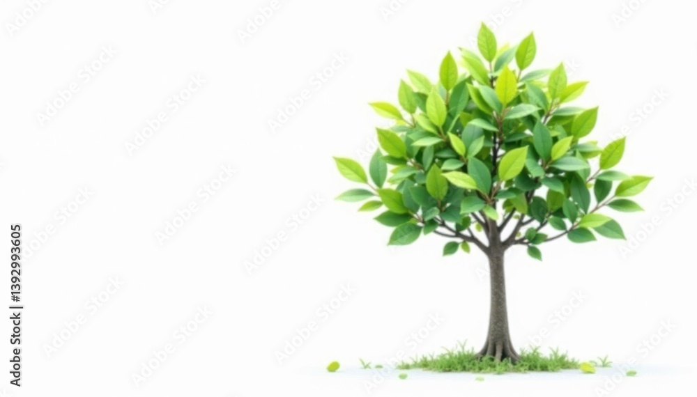 Fototapeta premium Single young tree, delicate leaves, white backdrop, image, white background, photography
