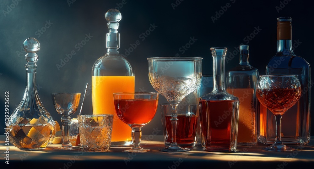 Elegant Assortment of Liquor Glasses and Bottles on a Wooden Surface Elegant Assortment of Liquor Glasses and Bottles on a Wooden Surface
