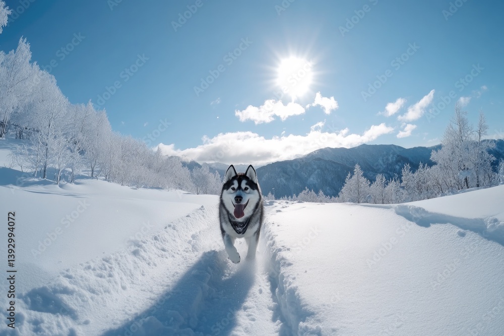 Husky Dog Running Through Snow