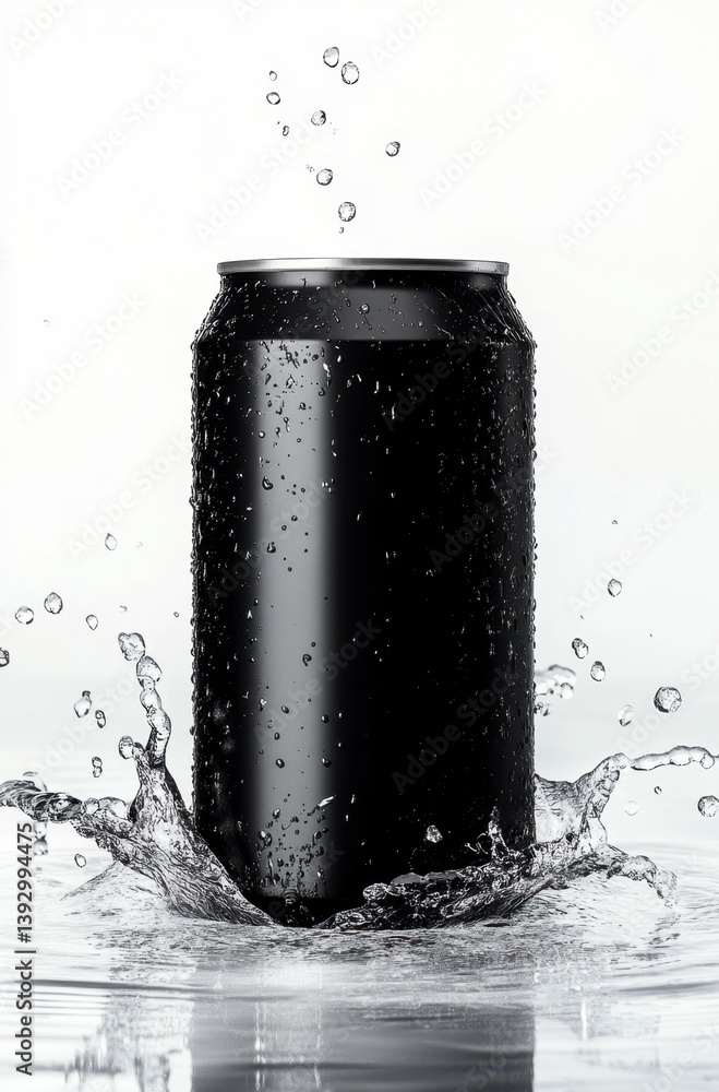 Black Soda Can with Water Splashes for Drink Advertising and Marketing Black Soda Can with Water Splashes for Drink Advertising and Marketing