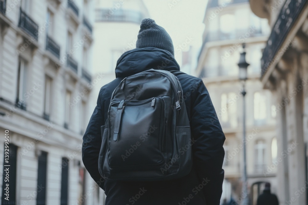 Obraz premium Man with backpack on city street