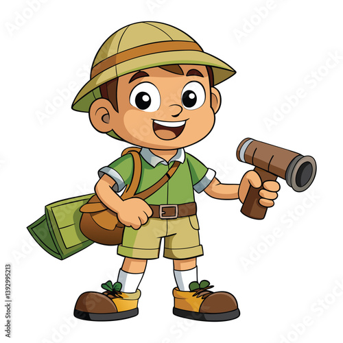 Cartoon Young Explorer Boy in Safari Outfit Adventure Kid Character with Hat, Backpack, and Boots for Nature Travel Illustration