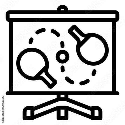 Presentation board with rackets and ball line icon, table tennis concept. Vector graphics. Whiteboard tripod with tennis, plan sign on white background, style mobile or design.