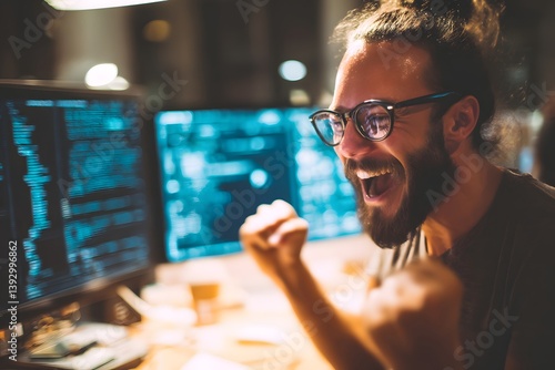 A joyous moment as a coder celebrates success at his desk