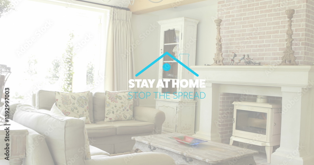 Fototapeta premium Living room with cozy sofa and fireplace, promoting stay at home message