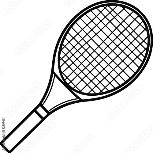 Simple line art of a tennis racket with crisscross strings. Minimalist tennis racket sketch in black and white. Clean outline illustration of a classic tennis racket.