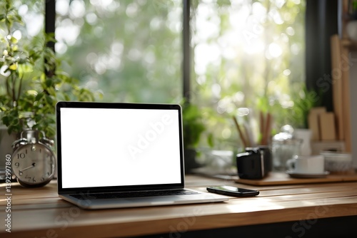 a modern workplace with a laptop and some decorative objects in front of a beautiful view