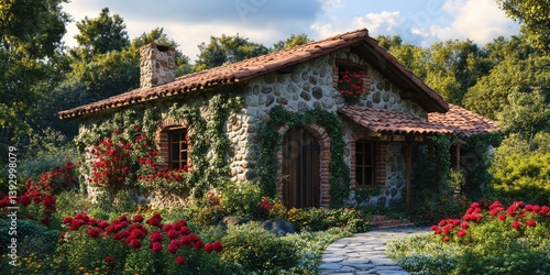 Obraz na płótnie Stone cottage with garden w salonie
