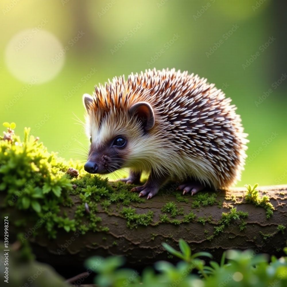 Tiny hedgehog on mossy log, brown & white fur, hedgehog, animal portrait Tiny hedgehog on mossy log, brown & white fur, hedgehog, animal portrait