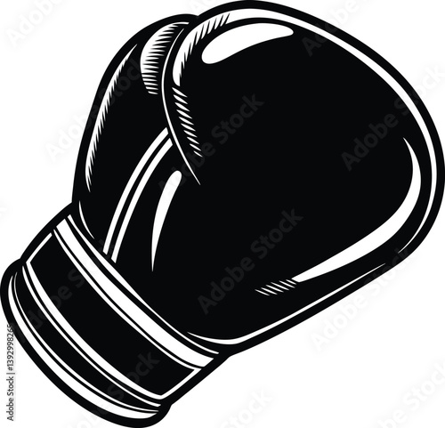 Boxing glove vector illustration. Stylized black and white boxing gear. Bold cartoon boxing glove art.