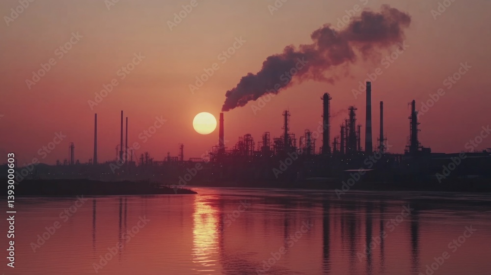 Factory at sunset with industrial smoke
