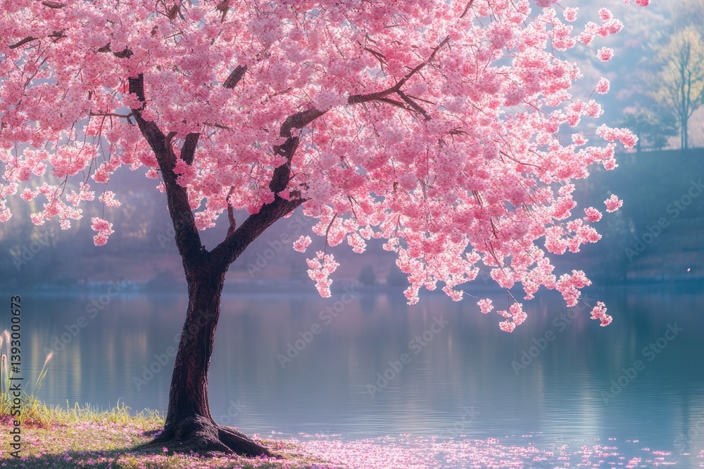 Tree with Pink Flowers by Water