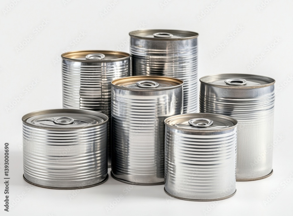 Group of Silver Metal Cans on White Background for Food Storage Group of Silver Metal Cans on White Background for Food Storage