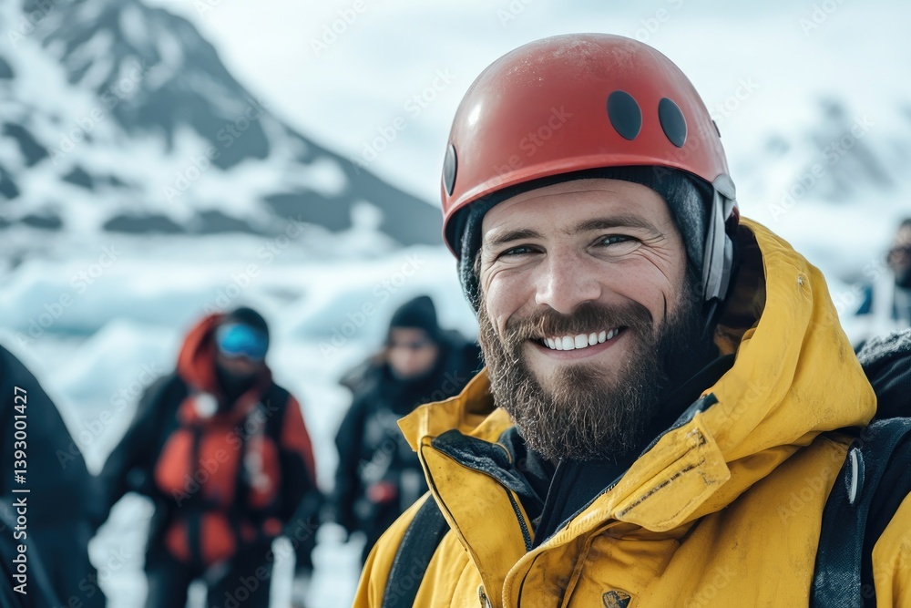 Smiling adventurer in glacier landscape Smiling adventurer in glacier landscape