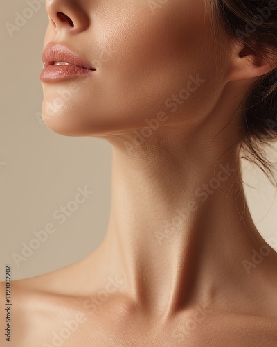 Editorial photo for skincare magazine, front view closeup of a pretty 30-year-old skincare model's throat.