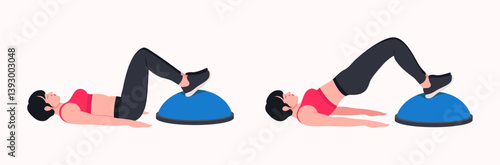 BOSU Ball / Balance Training Ball workout. Young woman doing BOSU Ball exercises. Vector illustration