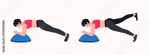 BOSU Ball / Balance Training Ball workout. Young woman doing BOSU Ball exercises. Vector illustration