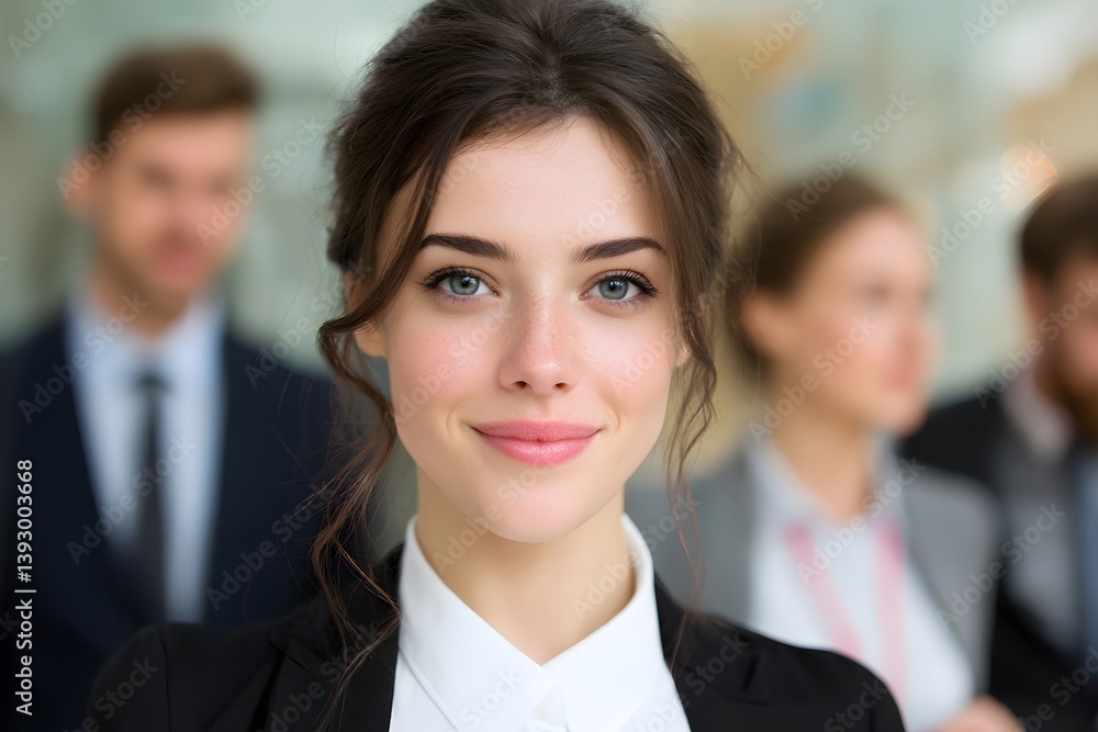 Confident businesswoman and her team. The image captures her poise and determination, her eyes gleaming with confidence, embodying a professional yet approachable persona Confident businesswoman and her team. The image captures her poise and determination, her eyes gleaming with confidence, embodying a professional yet approachable persona