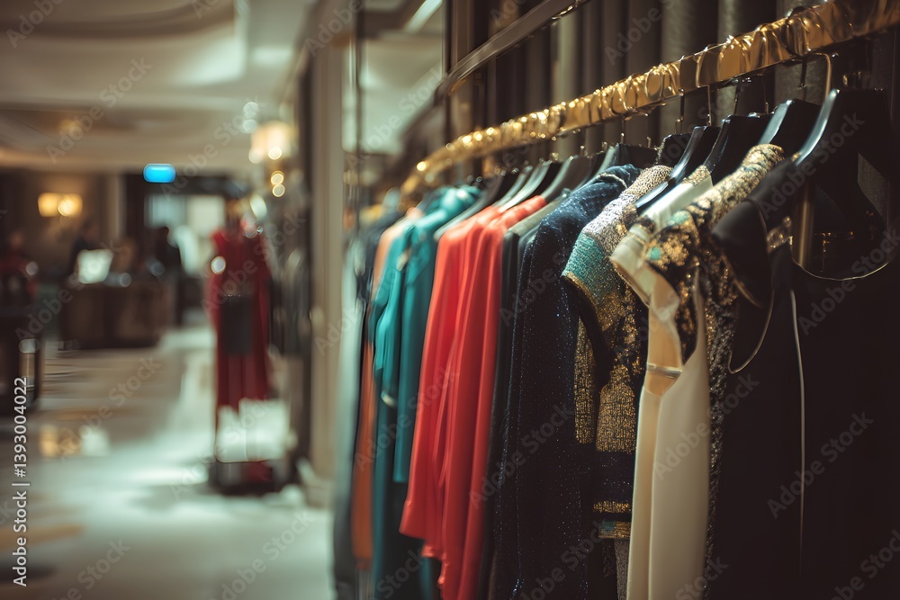 Fashionable apparel displayed on racks in a sophisticated boutique setting. The clothes feature a variety of colors and designs, with the focus on the textures and cuts of the garments. Fashionable apparel displayed on racks in a sophisticated boutique setting. The clothes feature a variety of colors and designs, with the focus on the textures and cuts of the garments.