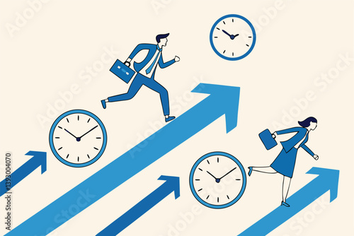 Time management, effort or efficiency boost, productivity to finish project, teamwork or planning, multitasking or finish work within deadline concept, business people riding clock up rising arrow.