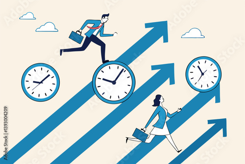 Time management, effort or efficiency boost, productivity to finish project, teamwork or planning, multitasking or finish work within deadline concept, business people riding clock up rising arrow.