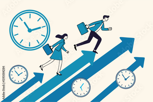 Time management, effort or efficiency boost, productivity to finish project, teamwork or planning, multitasking or finish work within deadline concept, business people riding clock up rising arrow.