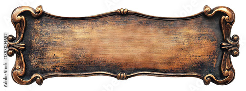 Vintage bronze nameplate with decorative frame, isolated on transparent cutout background
