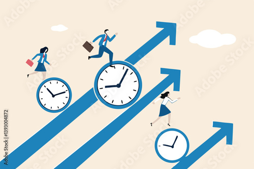 Time management, effort or efficiency boost, productivity to finish project, teamwork or planning, multitasking or finish work within deadline concept, business people riding clock up rising arrow.