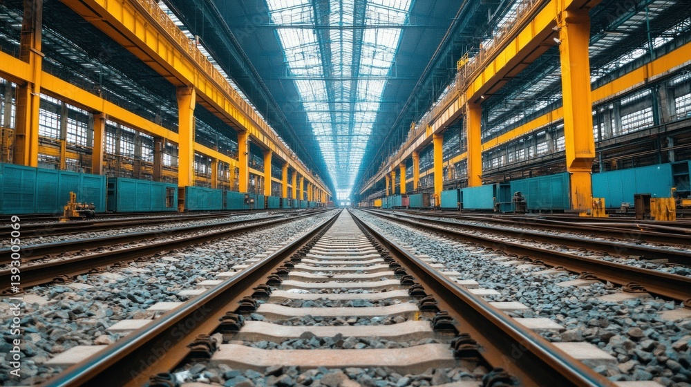 Industrial railway tracks inside a large factory Industrial railway tracks inside a large factory