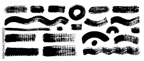 Hand drawn black paint brush strokes in stripes, arcs, waves, with jagged edges on rough granulated white paper. Vector illustration for underlining, text background, texture, highlight.
