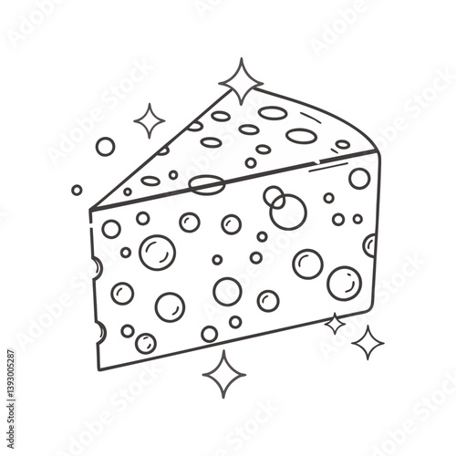 Cheese wedge vector with holes and sparkles in fun black and white line art style
