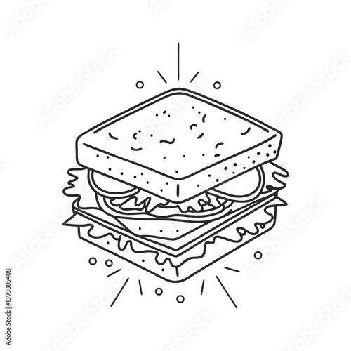 Layered sandwich vector with lettuce, cheese, and burst lines in clean black and white line art style
