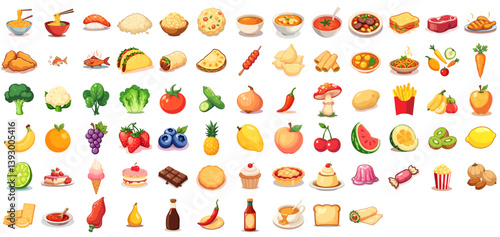 pack of Cartoon food icons of fruits, vegetables, meals and sweets for nutrition and menu design	
