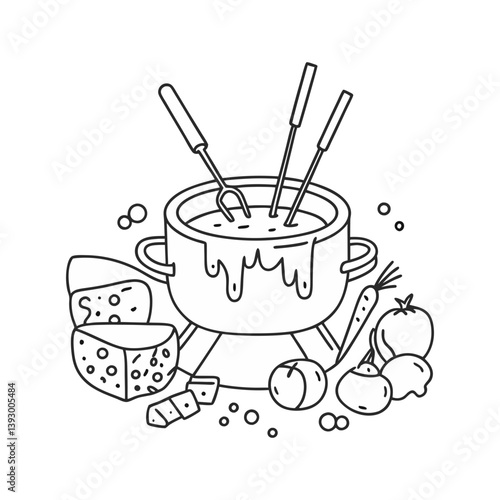 Cheese fondue vector with dipping forks, bread, and vegetables in cozy black and white line art style
