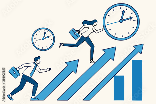 Time management, effort or efficiency boost, productivity to finish project, teamwork or planning, multitasking or finish work within deadline concept, business people riding clock up rising arrow.
