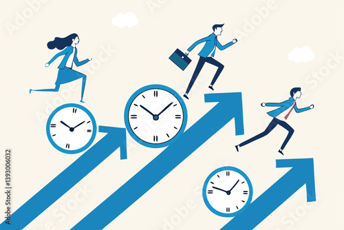 Time management, effort or efficiency boost, productivity to finish project, teamwork or planning, multitasking or finish work within deadline concept, business people riding clock up rising arrow.