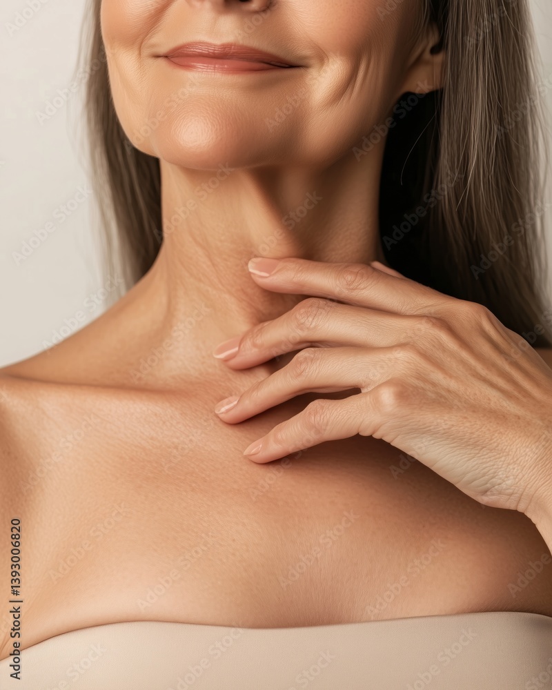 Fototapeta premium editorial style professional photography, photo for skincare magazine, closeup shot of a middle-aged female skincare model's chin, one hand is gently touching her collarbone