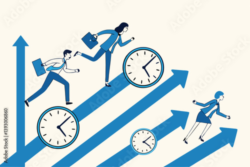 Time management, effort or efficiency boost, productivity to finish project, teamwork or planning, multitasking or finish work within deadline concept, business people riding clock up rising arrow.