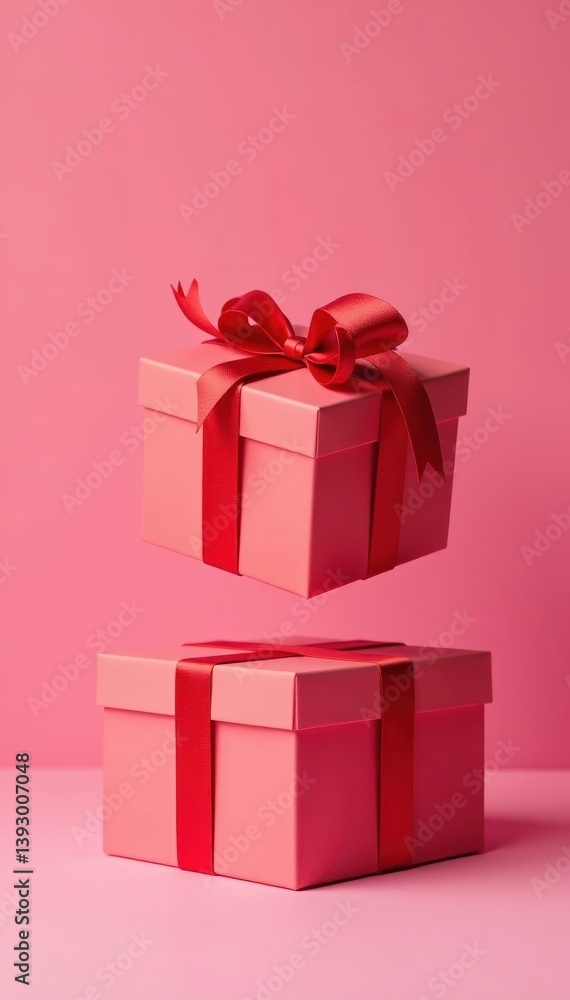 Obraz premium Red open gift box hovers over another box on a pink backdrop, holiday, hover