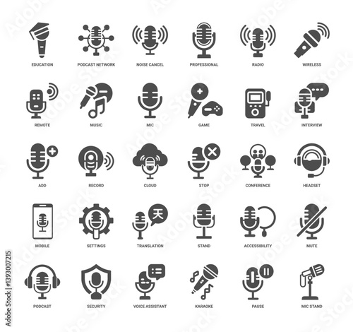 collection microphone icons concepts like education podcasting audio settings, stop record cloud conference
